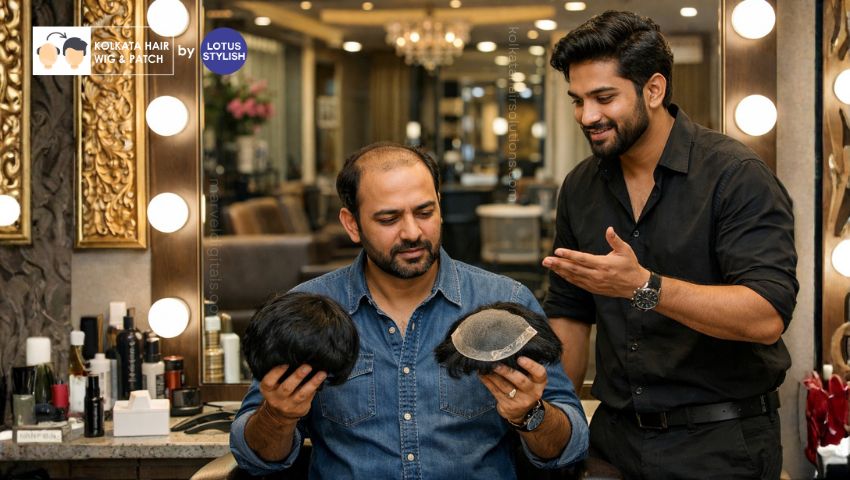 Indian man comparing wig and custom hair patch to choose best option in Kolkata.