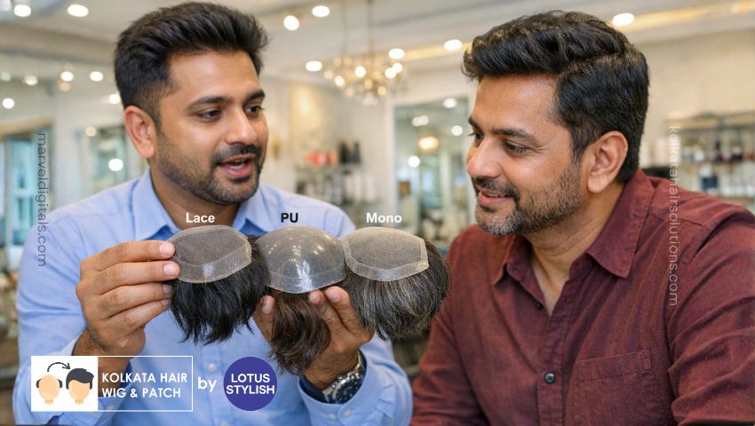 Hair technician showing different hair system materials and quality in Kolkata.